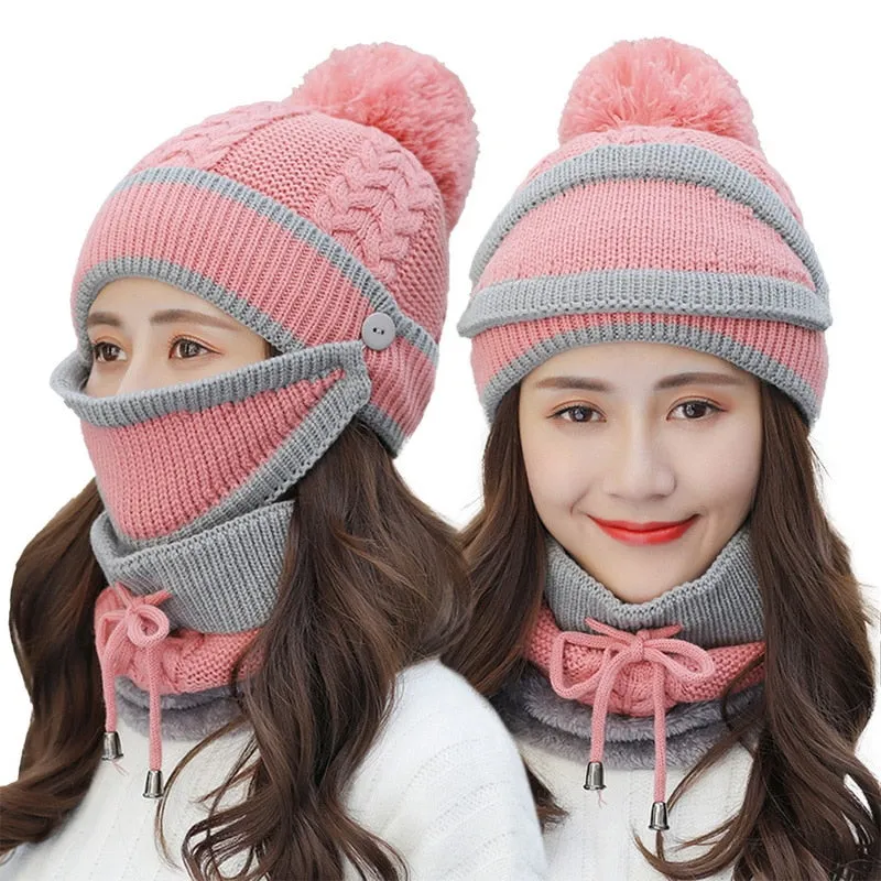 3 Pieces Set Women's Knitted Hat Scarf Caps Neck Warmer Winter Hat for Ladies Girls Skullies Beanies Warm Fleece Caps