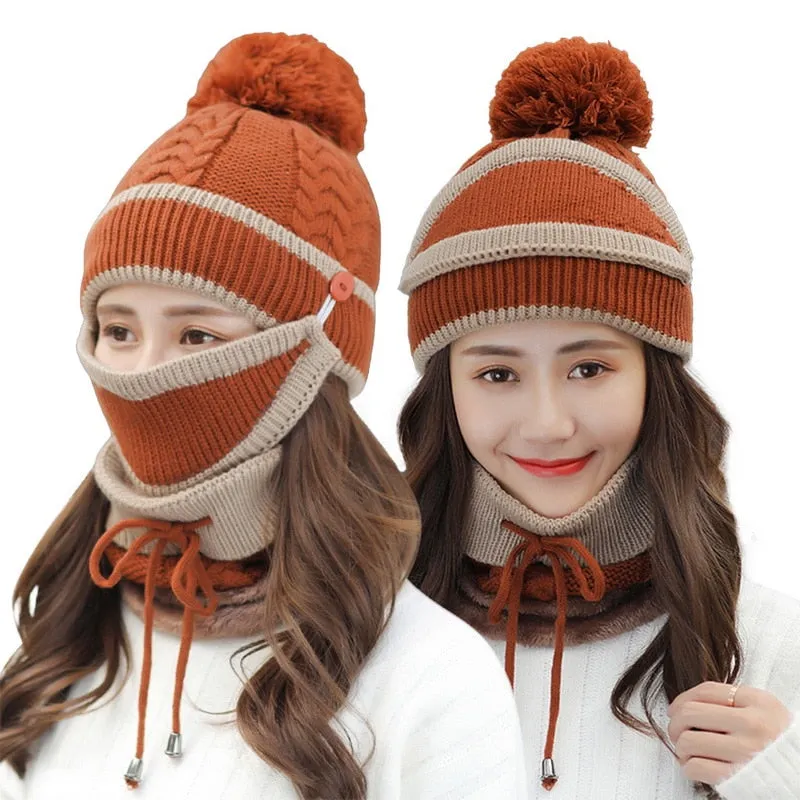 3 Pieces Set Women's Knitted Hat Scarf Caps Neck Warmer Winter Hat for Ladies Girls Skullies Beanies Warm Fleece Caps