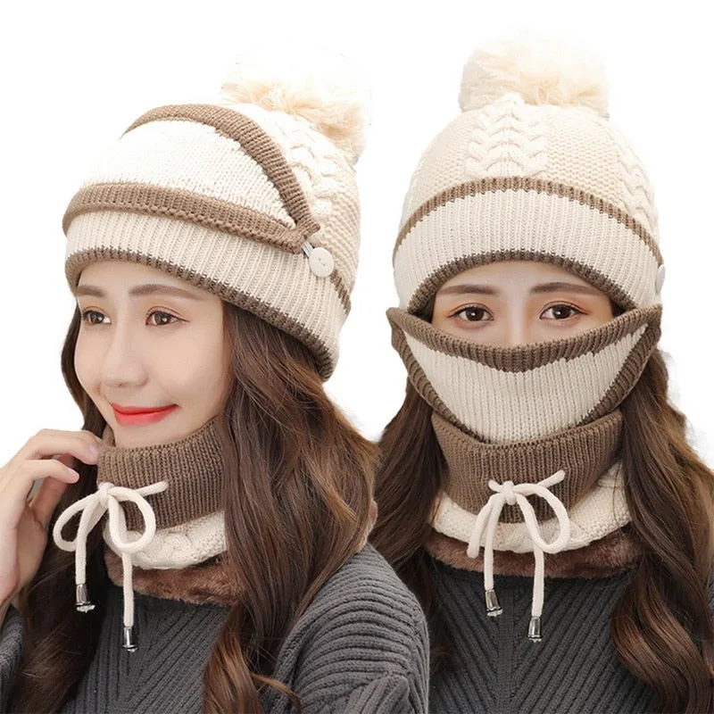 3 Pieces Set Women's Knitted Hat Scarf Caps Neck Warmer Winter Hat for Ladies Girls Skullies Beanies Warm Fleece Caps