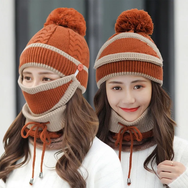 3 Pieces Set Women's Knitted Hat Scarf Caps Neck Warmer Winter Hat for Ladies Girls Skullies Beanies Warm Fleece Caps