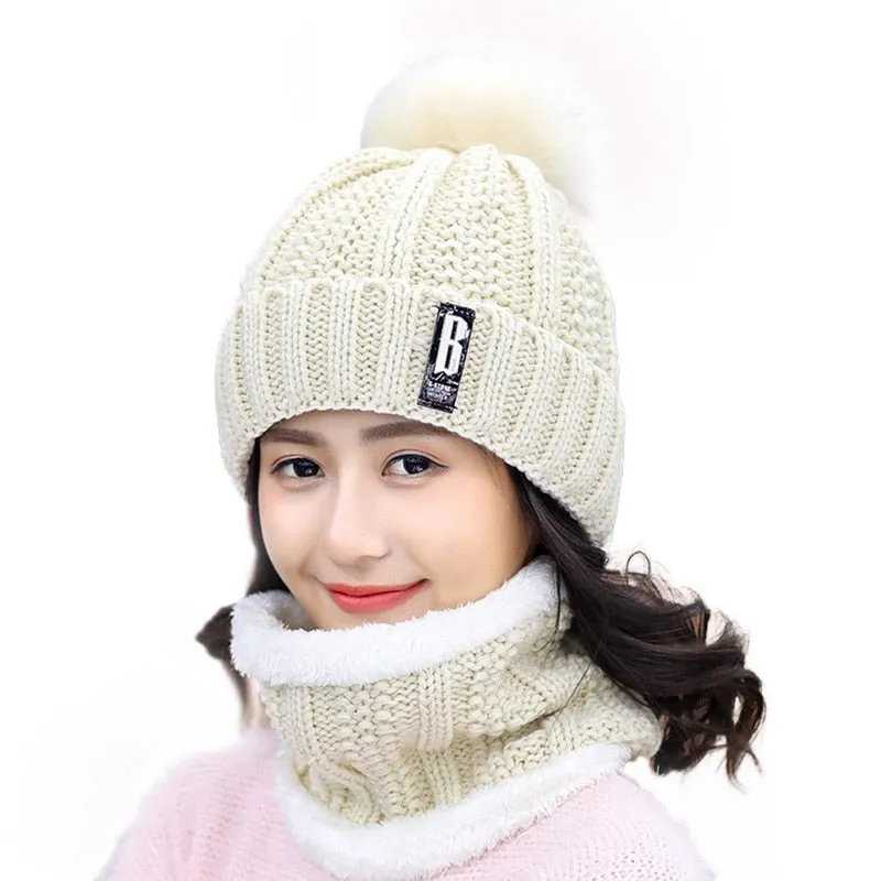 3 Pieces Set Women's Knitted Hat Scarf Caps Neck Warmer Winter Hat for Ladies Girls Skullies Beanies Warm Fleece Caps