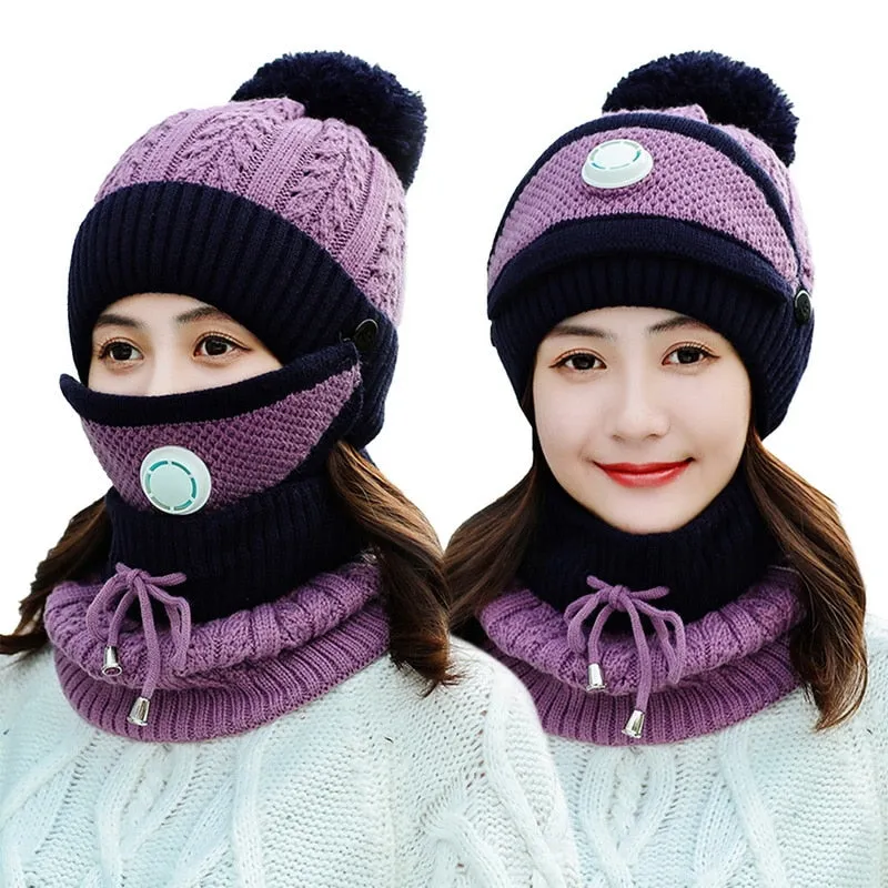 3 Pieces Set Women's Knitted Hat Scarf Caps Neck Warmer Winter Hat for Ladies Girls Skullies Beanies Warm Fleece Caps