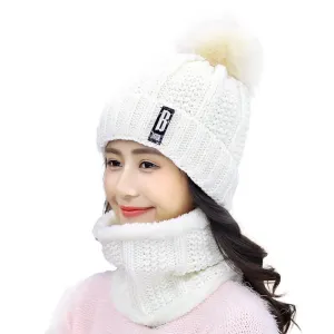 3 Pieces Set Women's Knitted Hat Scarf Caps Neck Warmer Winter Hat for Ladies Girls Skullies Beanies Warm Fleece Caps