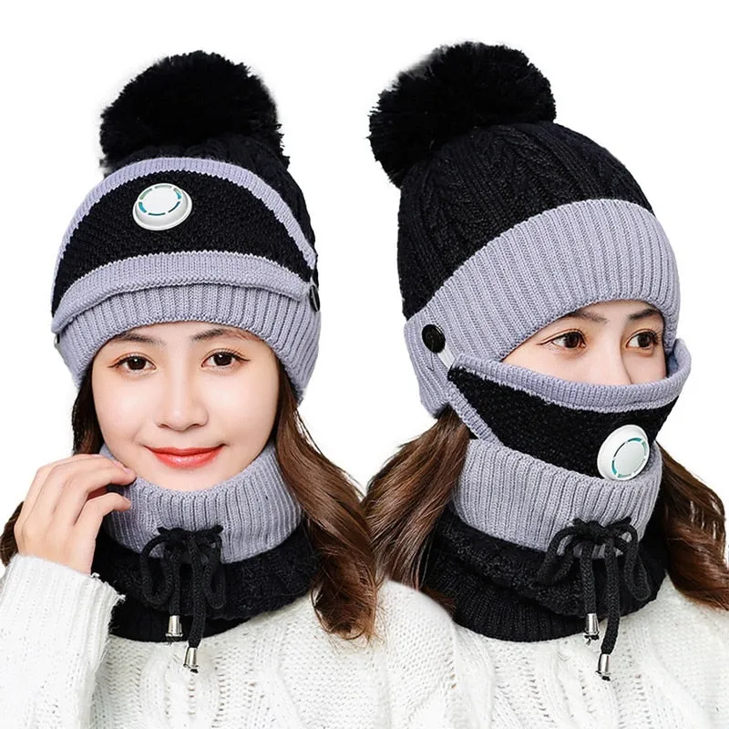 3 Pieces Set Women's Knitted Hat Scarf Caps Neck Warmer Winter Hat for Ladies Girls Skullies Beanies Warm Fleece Caps