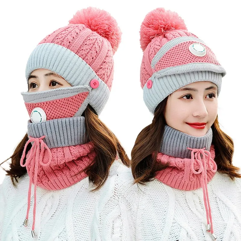 3 Pieces Set Women's Knitted Hat Scarf Caps Neck Warmer Winter Hat for Ladies Girls Skullies Beanies Warm Fleece Caps