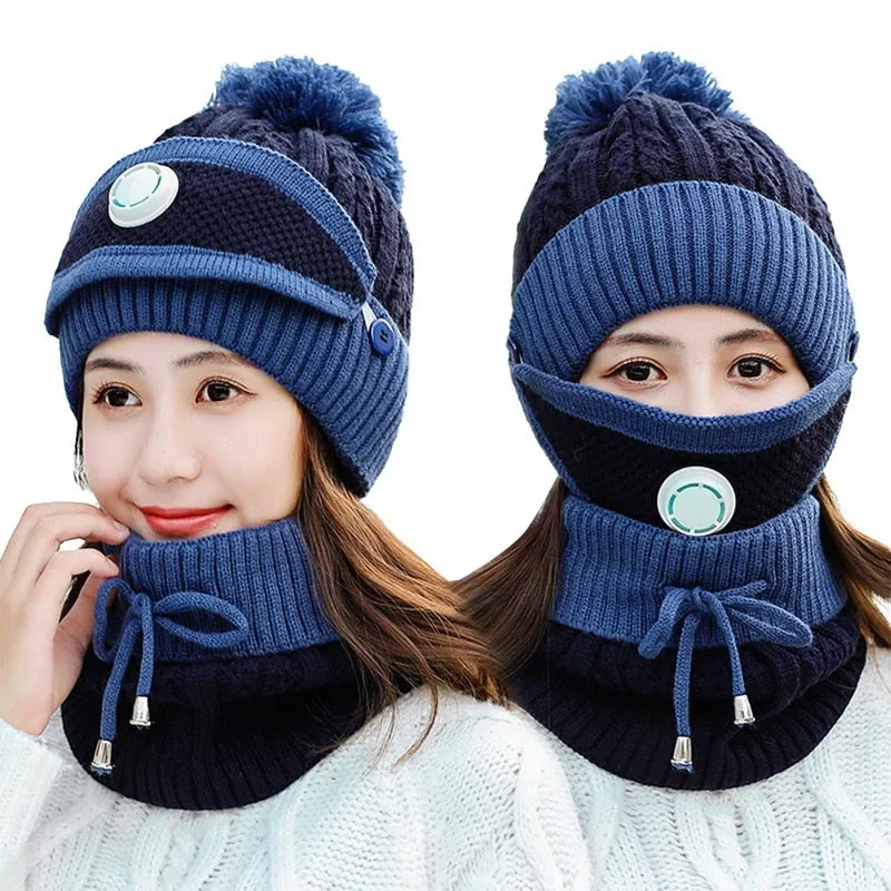 3 Pieces Set Women's Knitted Hat Scarf Caps Neck Warmer Winter Hat for Ladies Girls Skullies Beanies Warm Fleece Caps