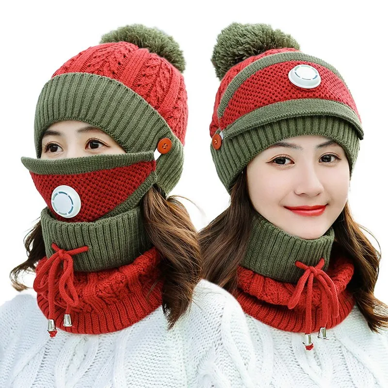 3 Pieces Set Women's Knitted Hat Scarf Caps Neck Warmer Winter Hat for Ladies Girls Skullies Beanies Warm Fleece Caps