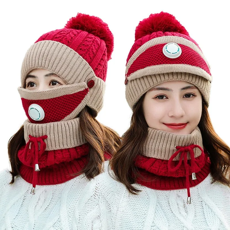 3 Pieces Set Women's Knitted Hat Scarf Caps Neck Warmer Winter Hat for Ladies Girls Skullies Beanies Warm Fleece Caps