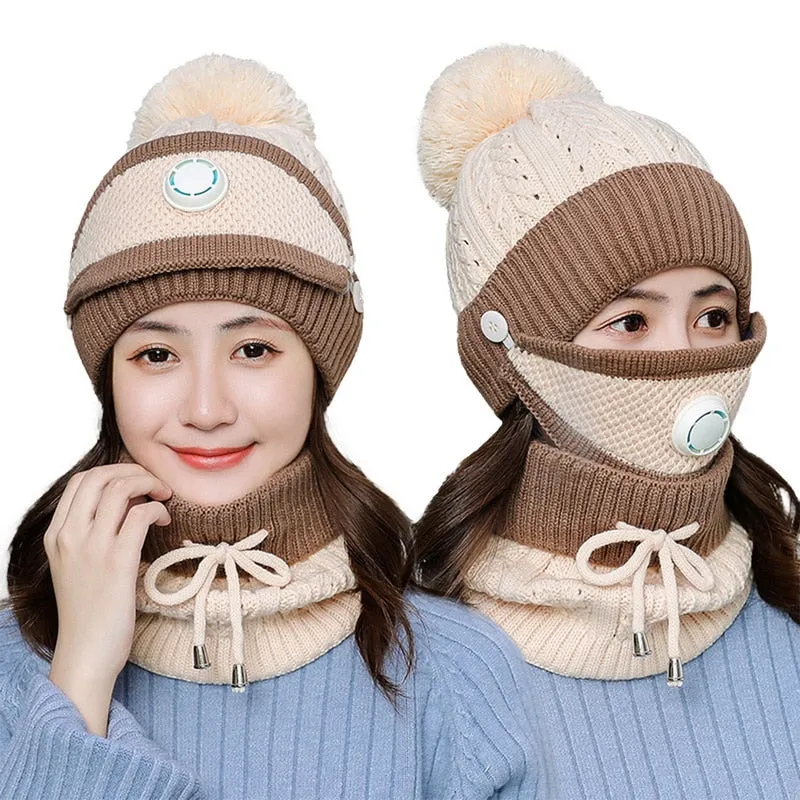 3 Pieces Set Women's Knitted Hat Scarf Caps Neck Warmer Winter Hat for Ladies Girls Skullies Beanies Warm Fleece Caps