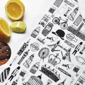 British Illustrated Black And White Tea Towel