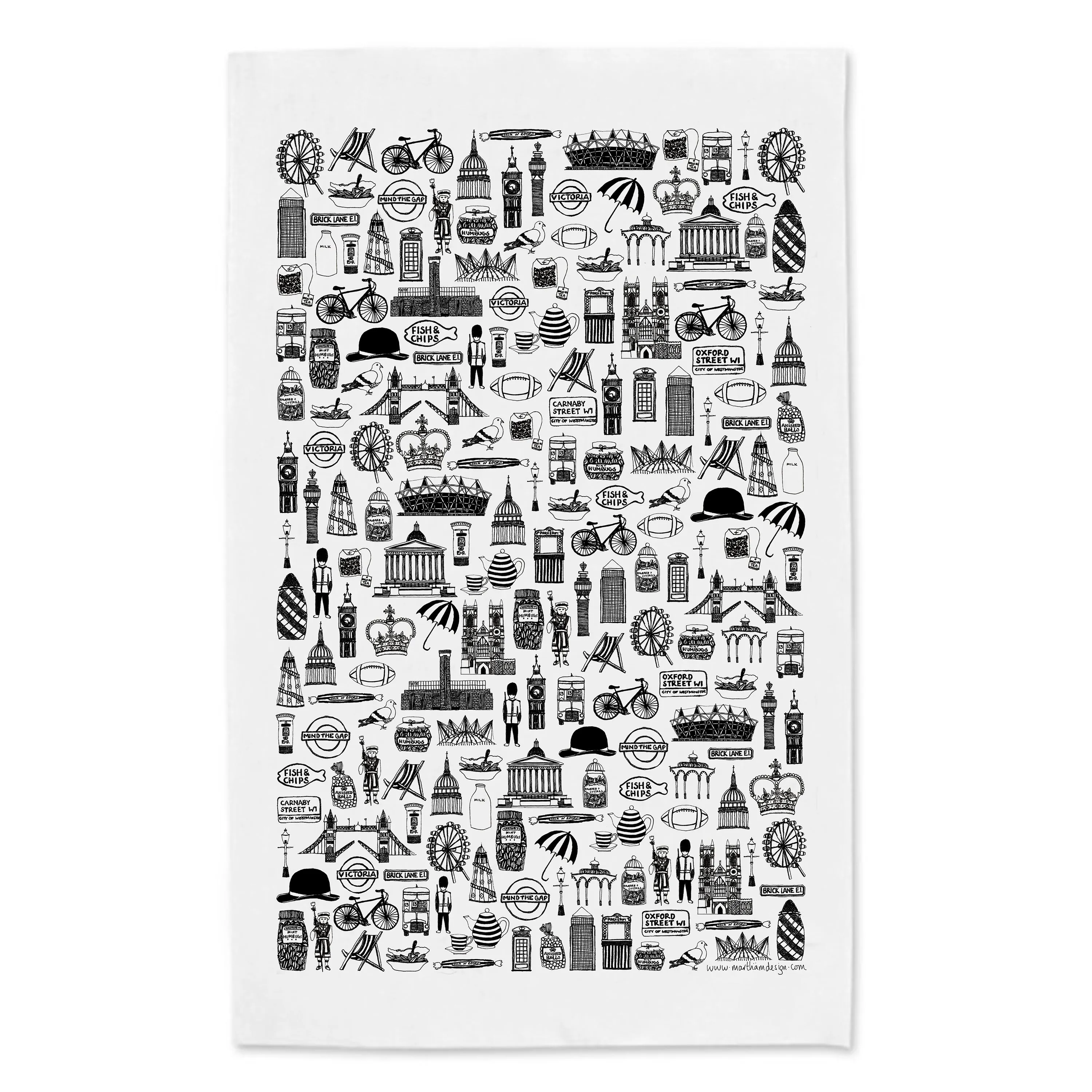 British Illustrated Black And White Tea Towel