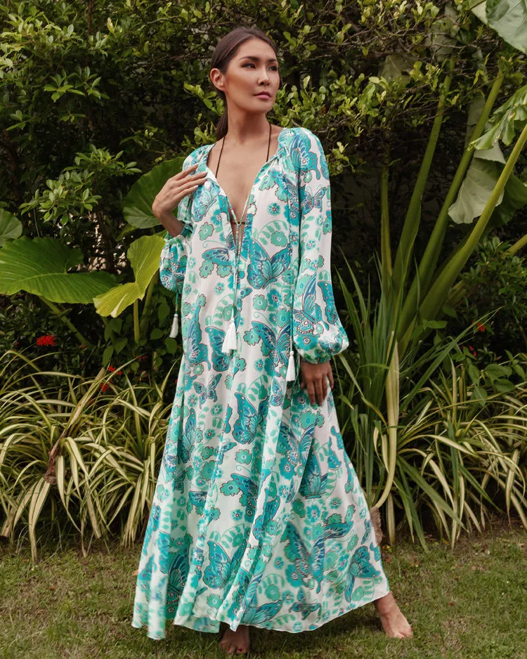 Calista Printed Crepe de Chine Silk Maxi Dress - Turquoise Butterfly