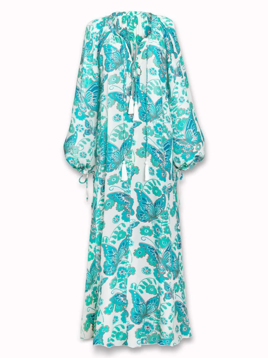 Calista Printed Crepe de Chine Silk Maxi Dress - Turquoise Butterfly