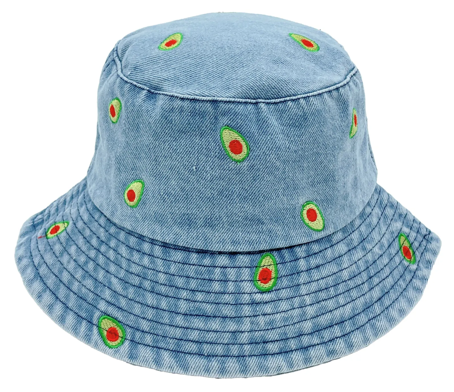 Embroidered Avocado Denim Bucket Hat