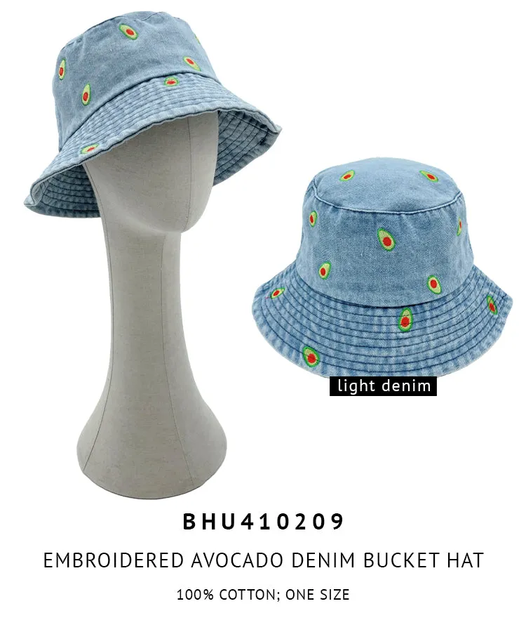 Embroidered Avocado Denim Bucket Hat