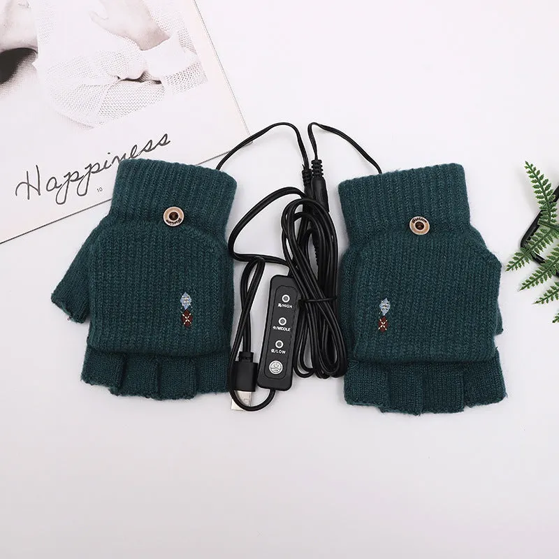 Flip Half Finger Knitted USB Heating Gloves