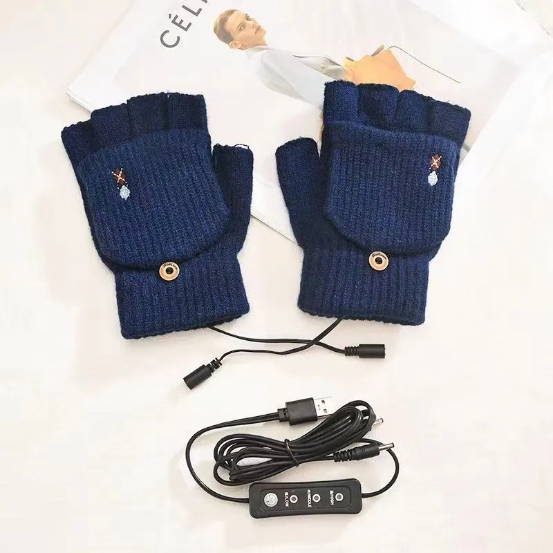 Flip Half Finger Knitted USB Heating Gloves