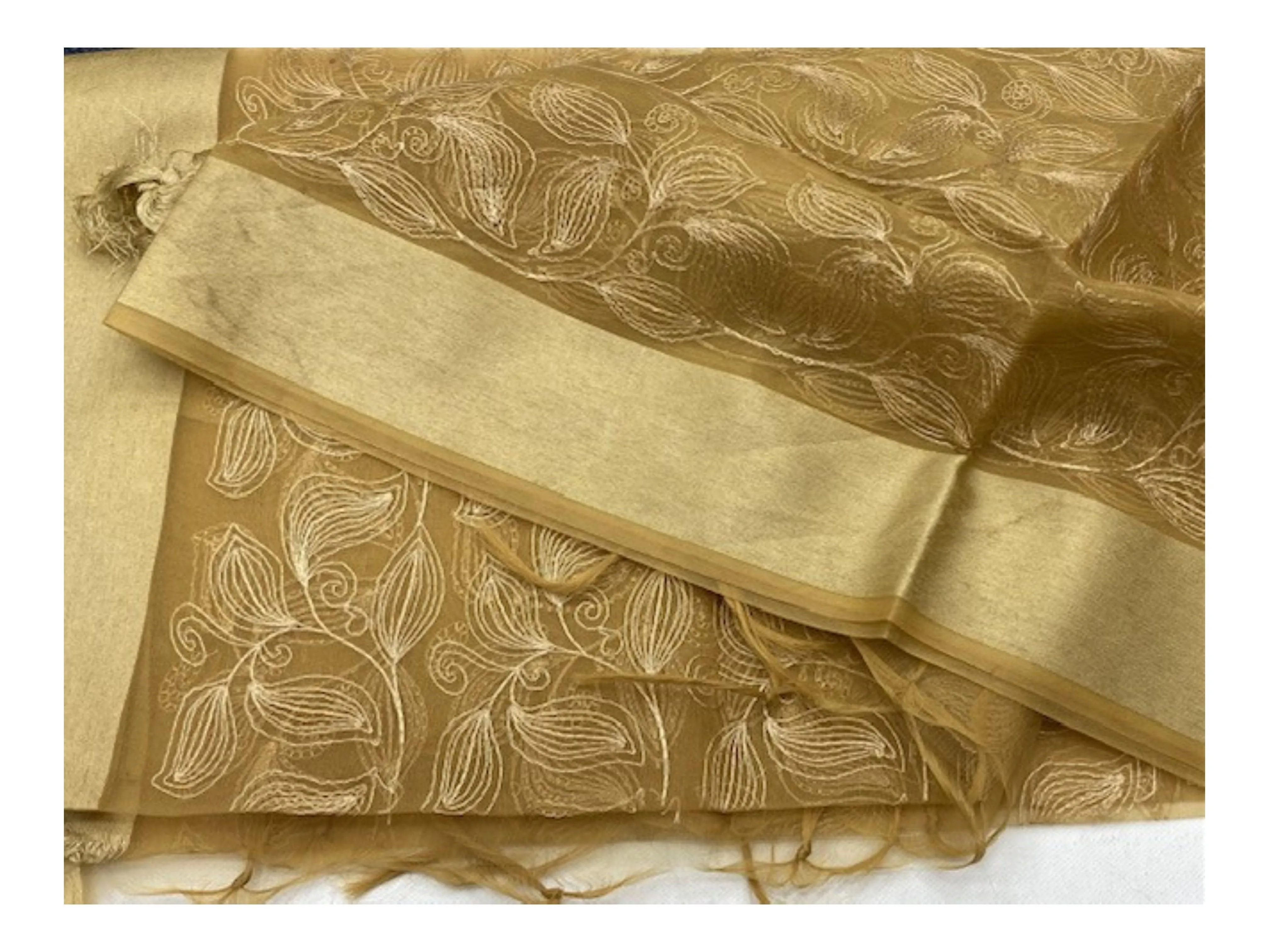 Gold Embroidered Organza Scarf/Shoulder Wraps With Tassel Finish (SECONDS)