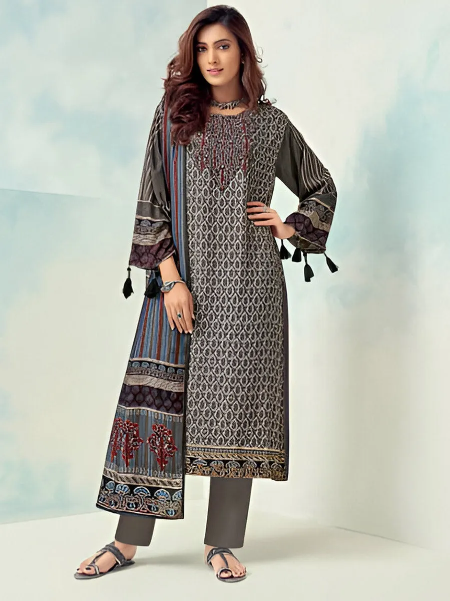 Grey Unstitched Printed Muslin Silk Suit Dress Material for Women