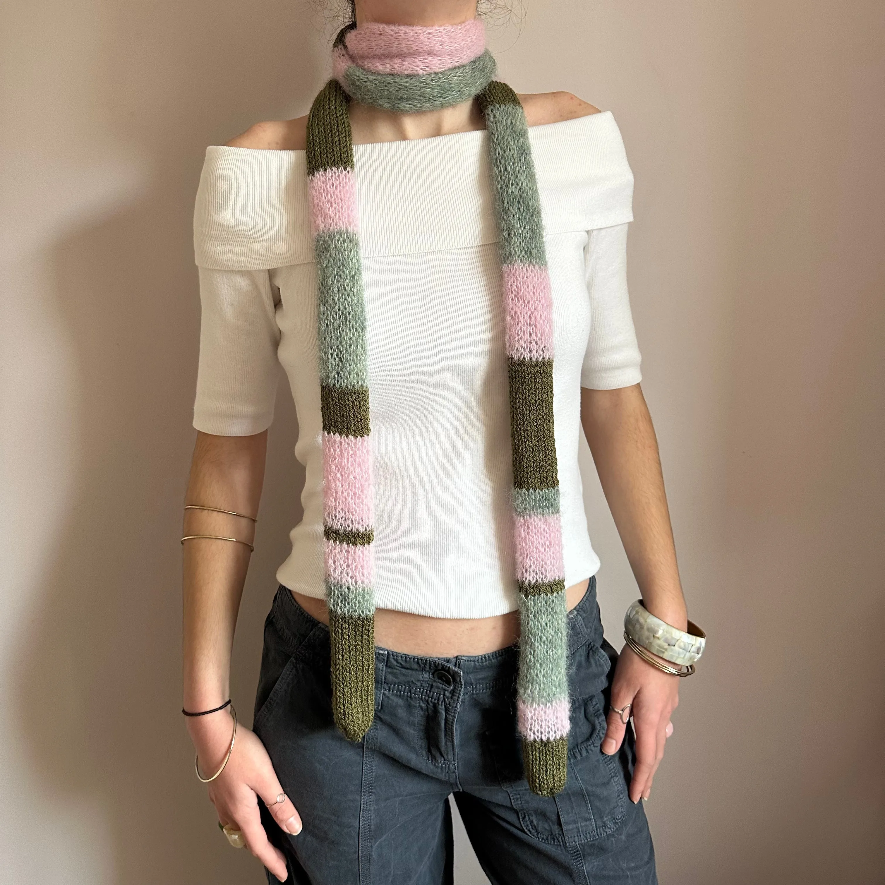 Handmade knitted baby pink, khaki and sage green striped skinny scarf - extra long