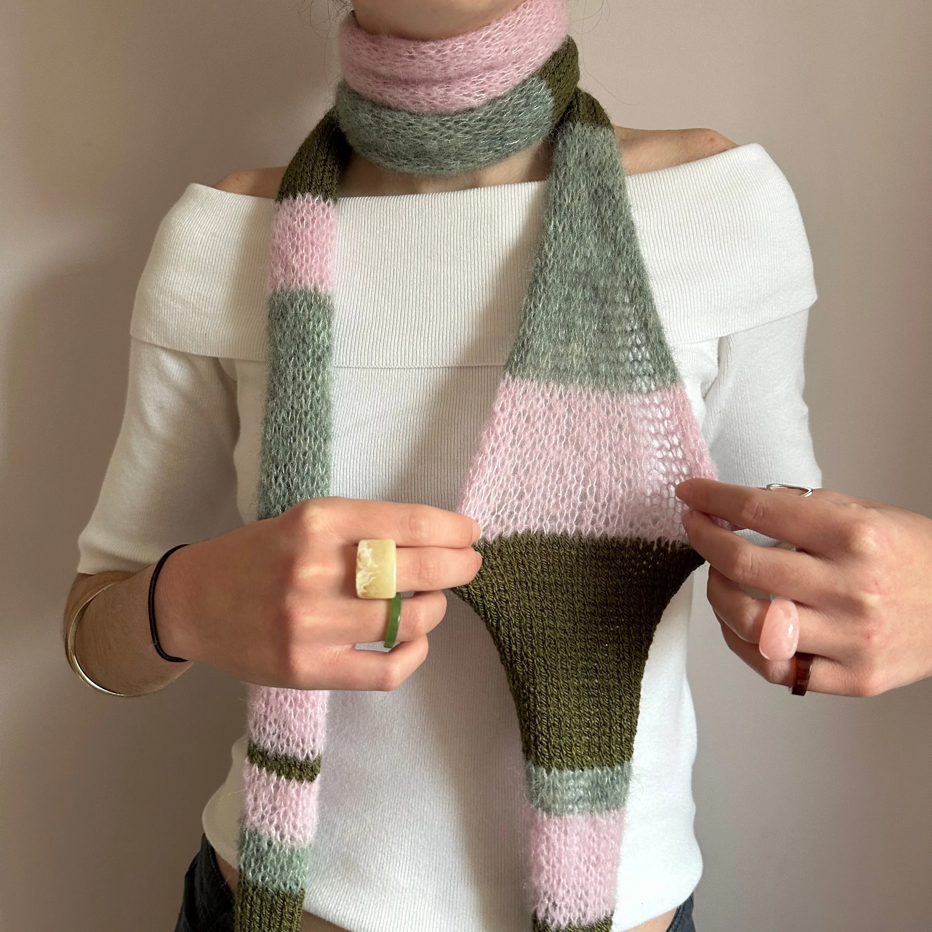 Handmade knitted baby pink, khaki and sage green striped skinny scarf - extra long