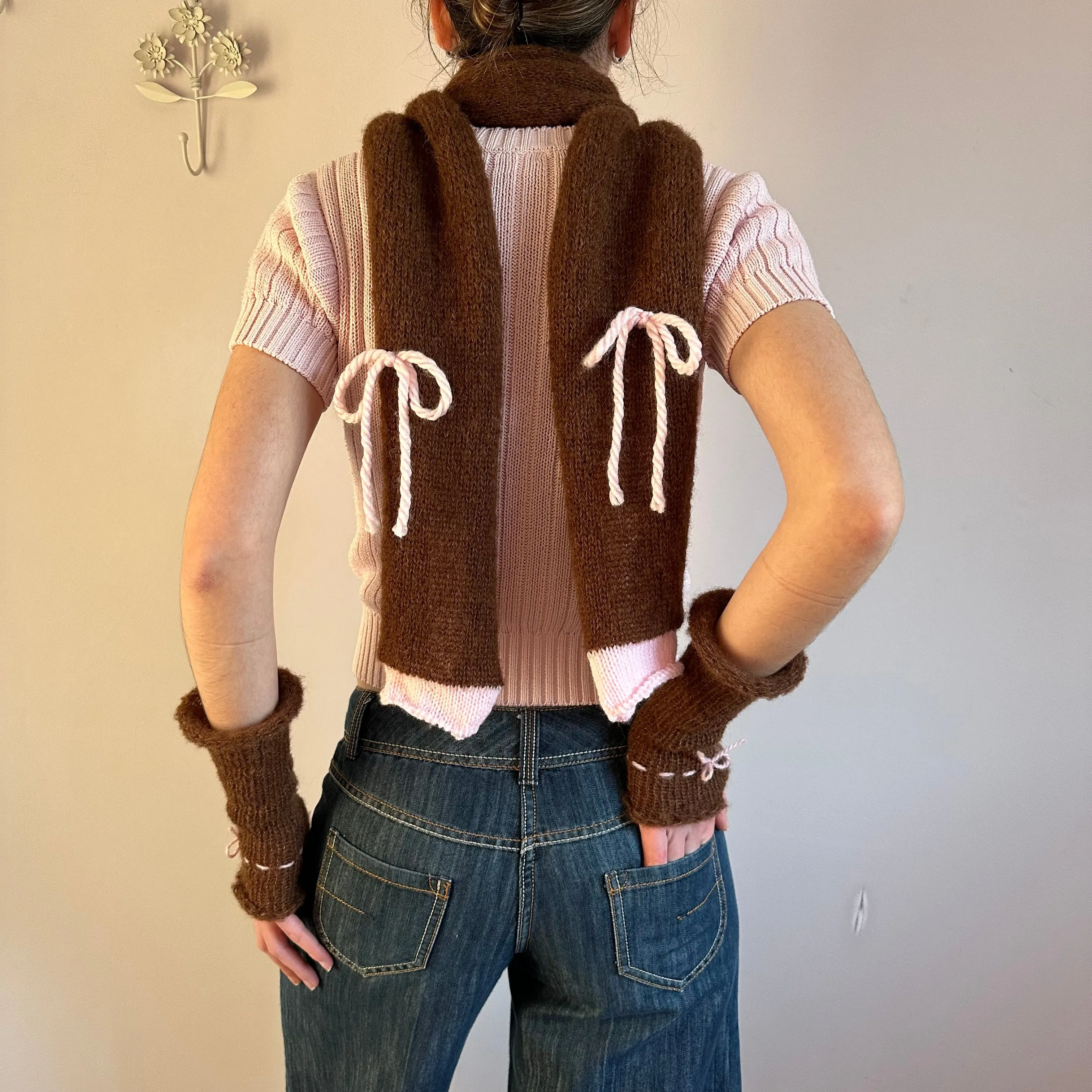 Handmade knitted brown and baby pink mohair bow scarf