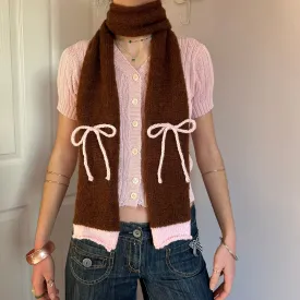 Handmade knitted brown and baby pink mohair bow scarf