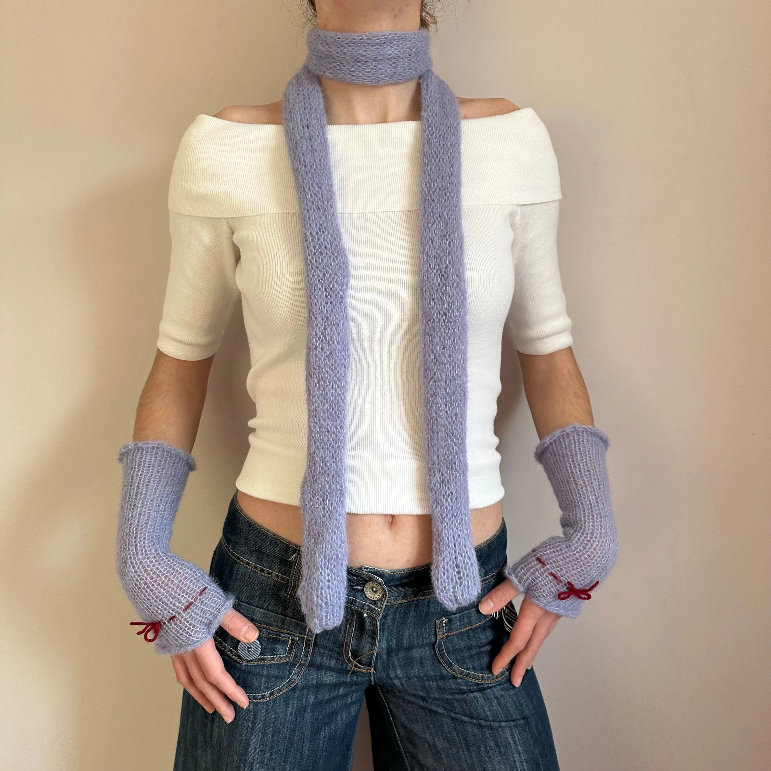 Handmade knitted mohair skinny scarf in baby blue