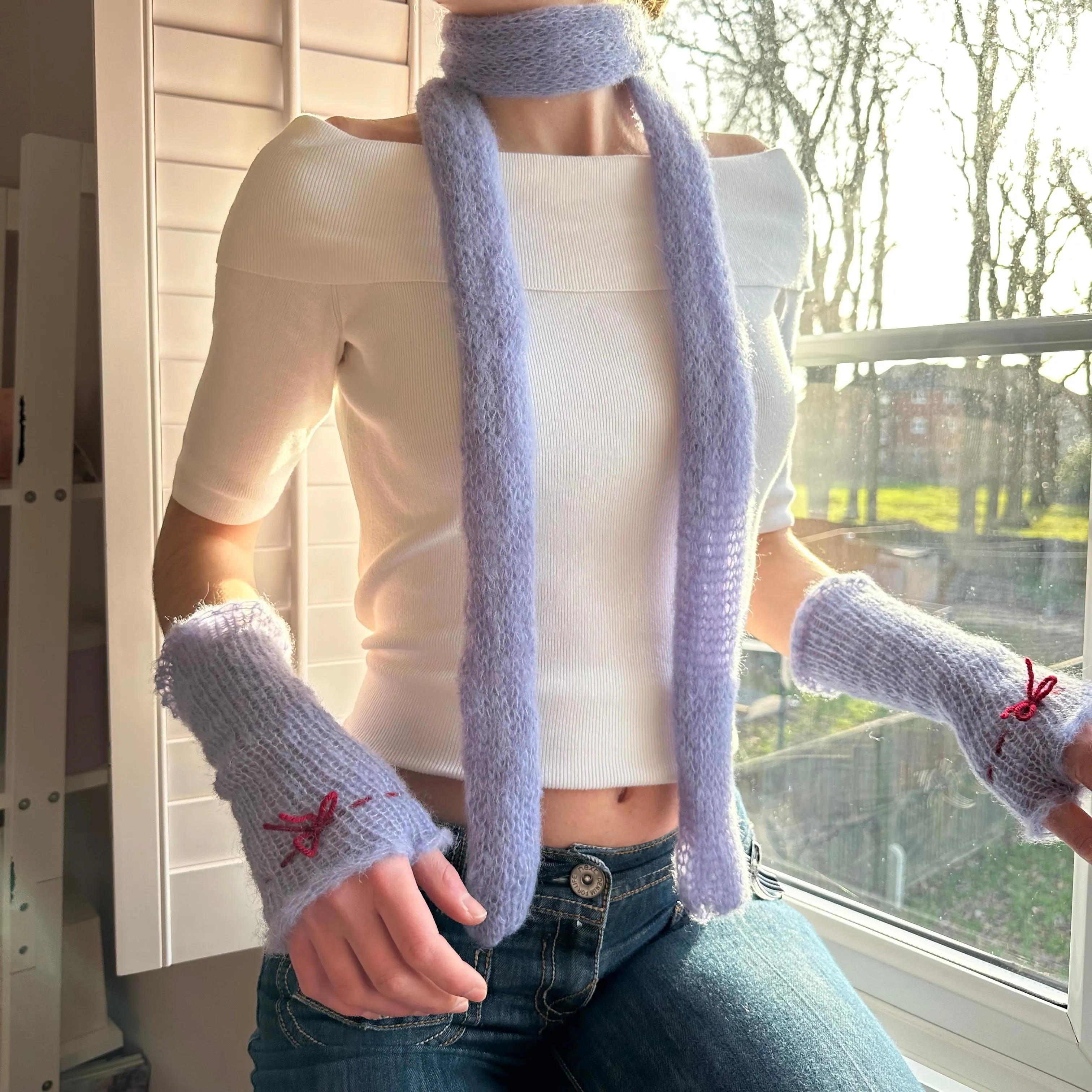 Handmade knitted mohair skinny scarf in baby blue