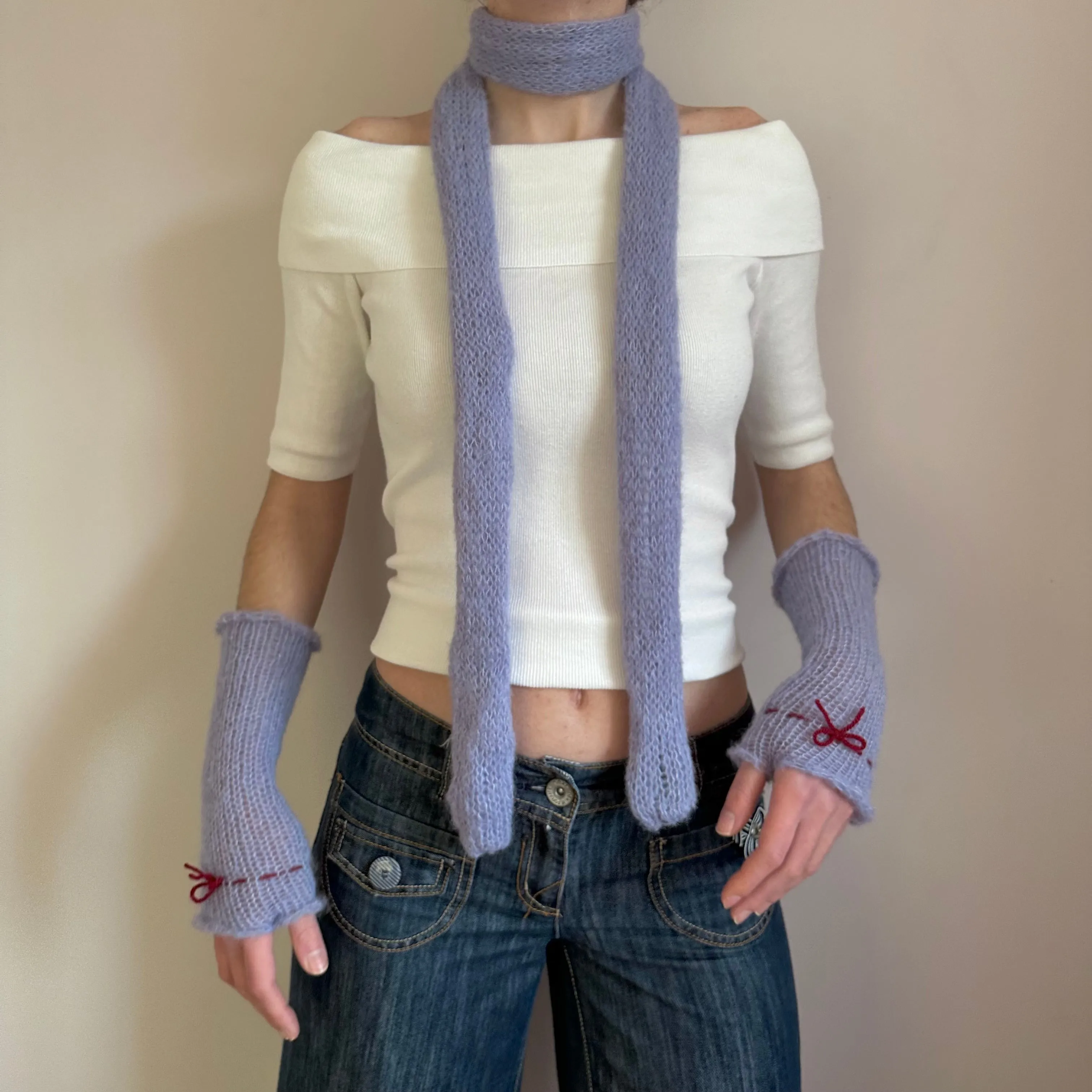 Handmade knitted mohair skinny scarf in baby blue