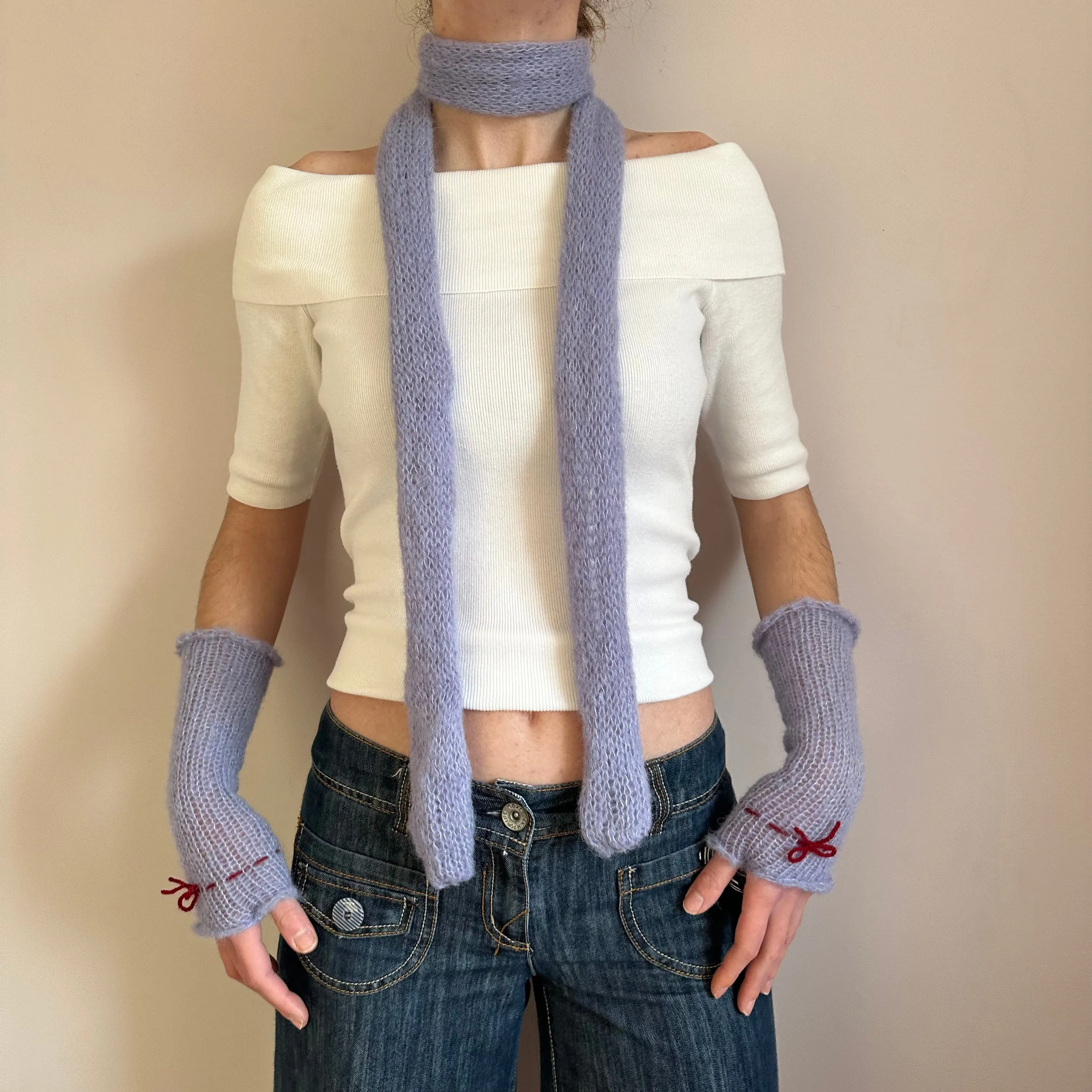 Handmade knitted mohair skinny scarf in baby blue