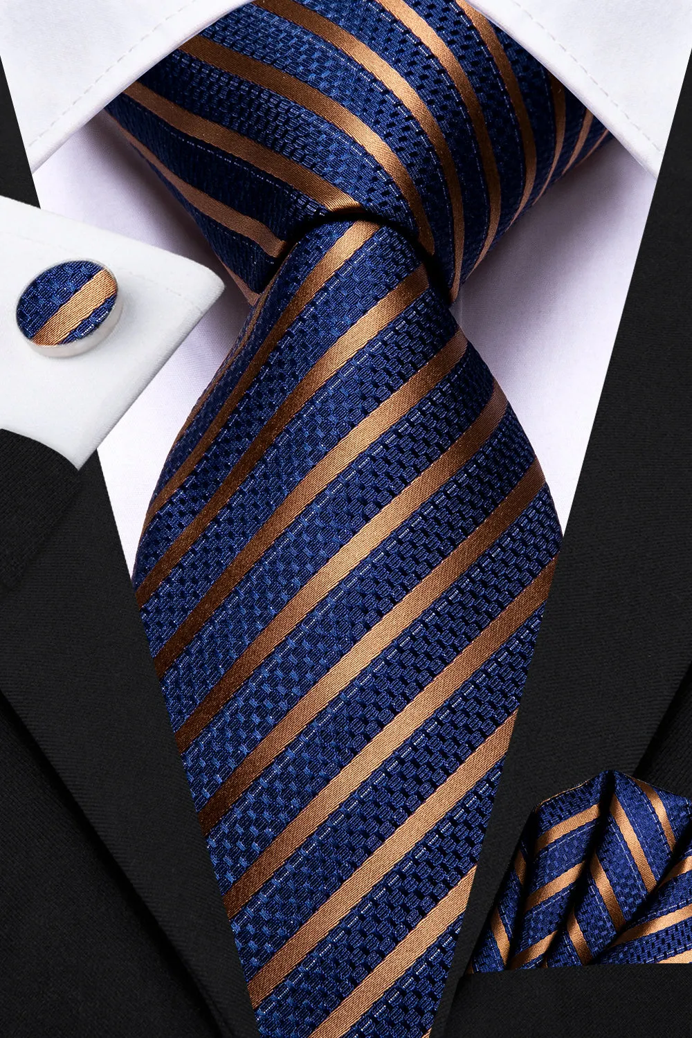 Hi-Tie Blue Necktie Gold Striped Silk Tie Pocket Square Cufflinks Set