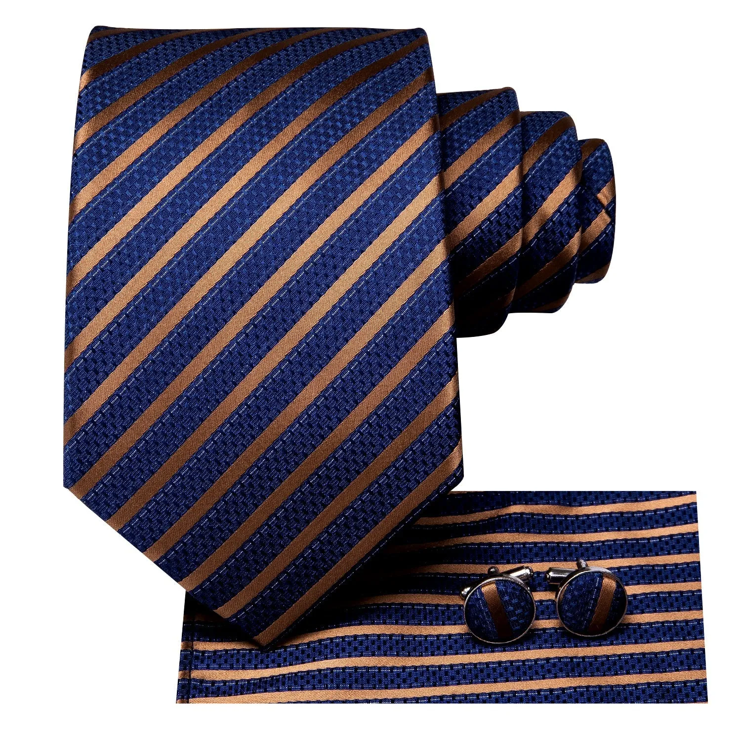 Hi-Tie Blue Necktie Gold Striped Silk Tie Pocket Square Cufflinks Set