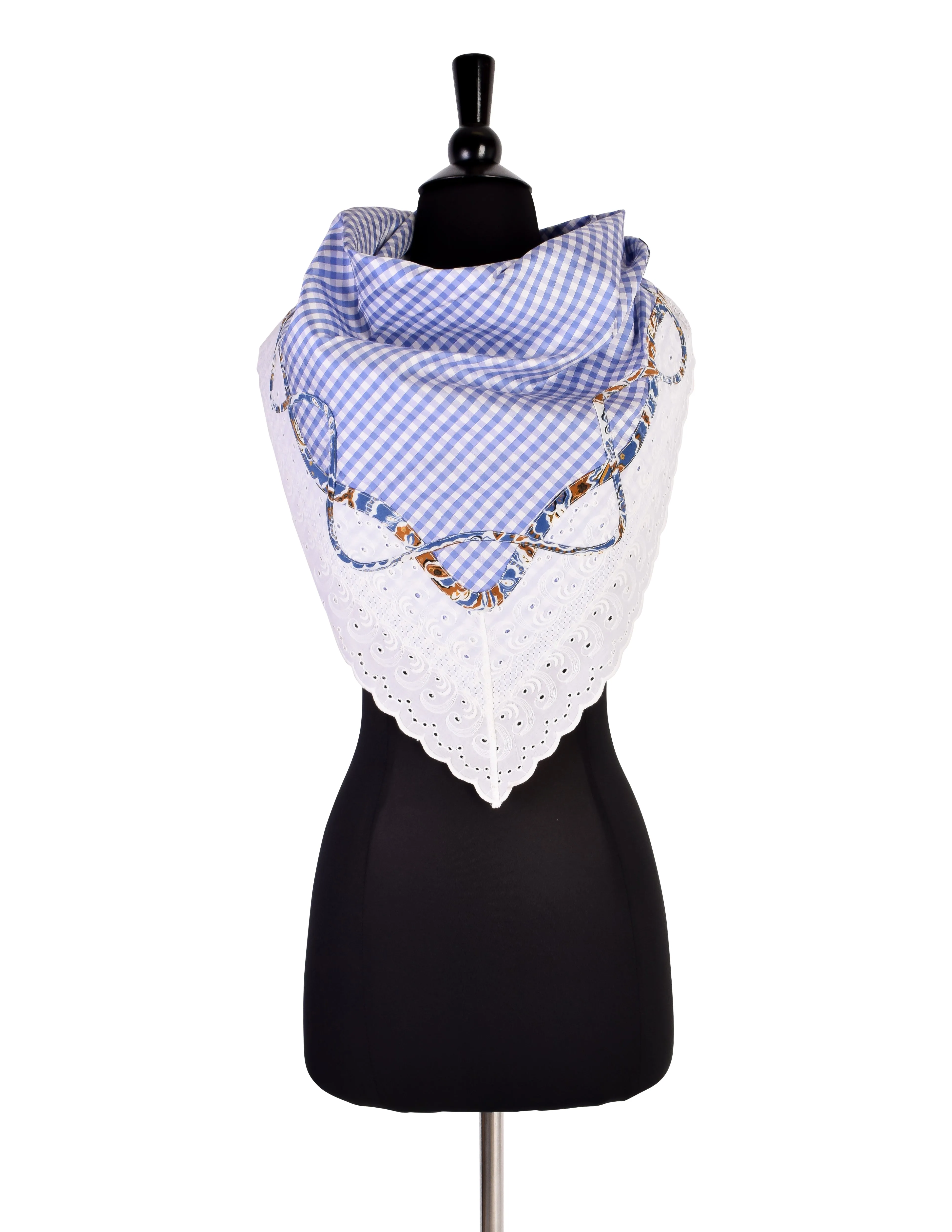 Koos Vintage Gingham Floral Silk Blue White Eyelet Cotton Triangle Scarf