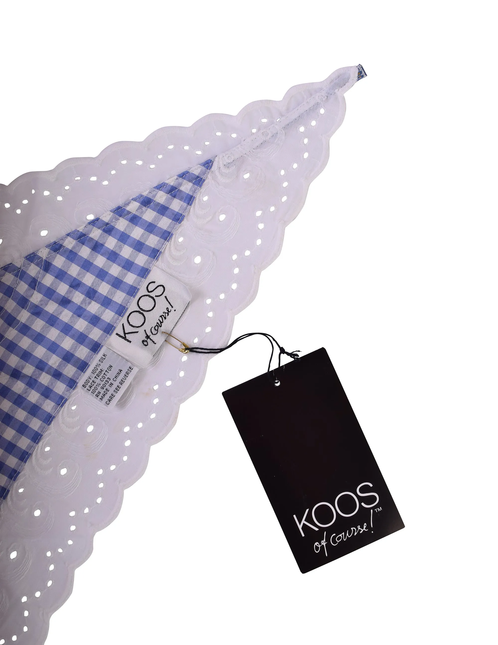 Koos Vintage Gingham Floral Silk Blue White Eyelet Cotton Triangle Scarf