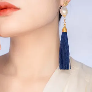 Large Baroque Pearl Navy Blue Silk Tassel Earrings