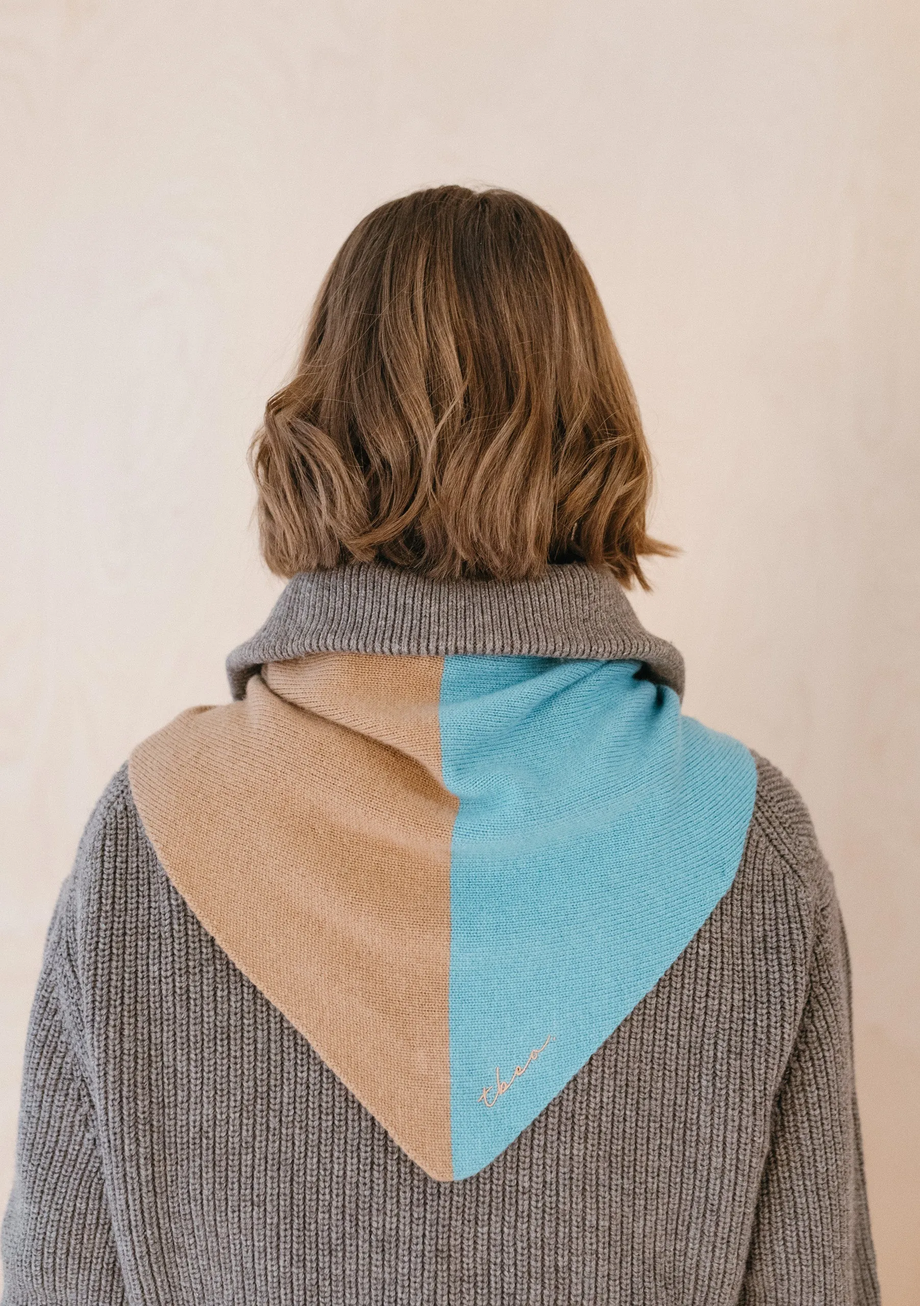 Merino Triangle Scarf in Camel and Blue