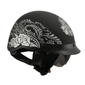 MPH DOT Helmet w/ Drop Sun Visor Sugar Skull & Rose Matt Black