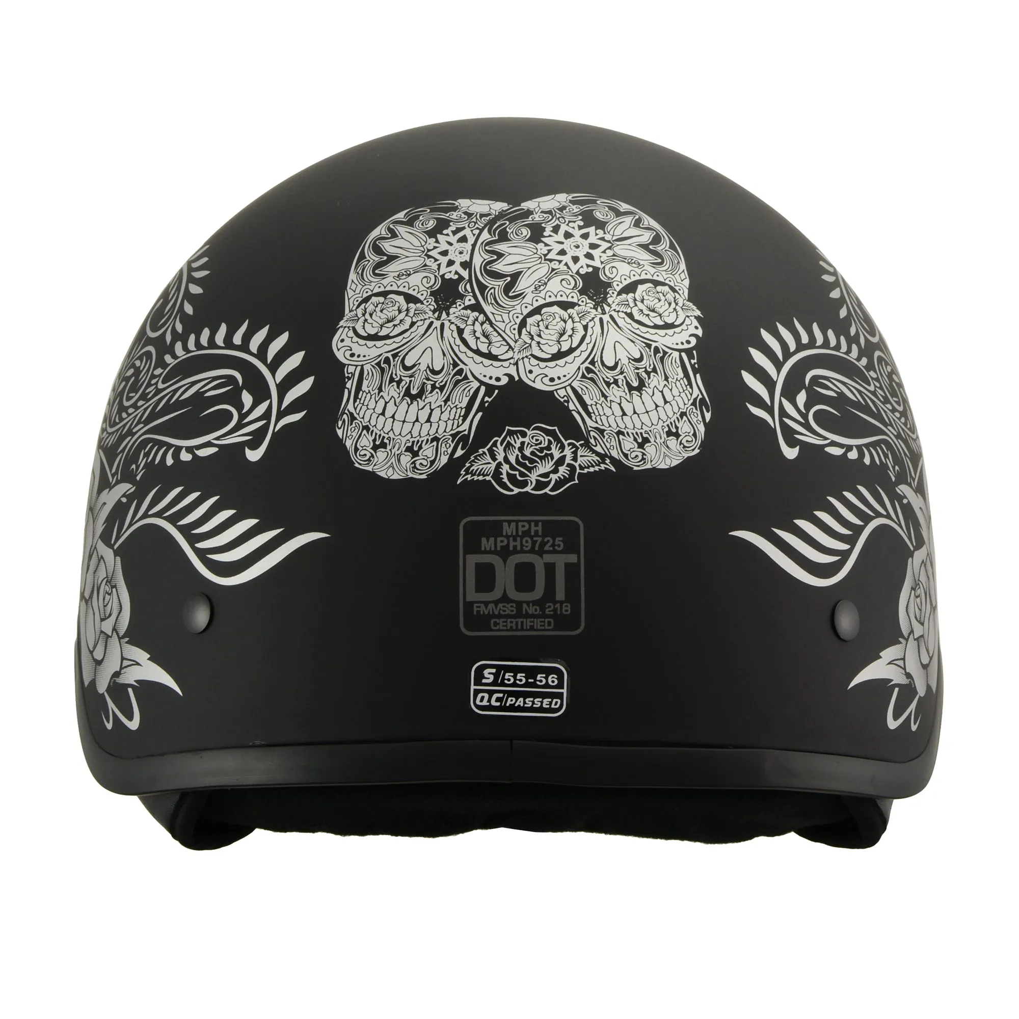 MPH DOT Helmet w/ Drop Sun Visor Sugar Skull & Rose Matt Black