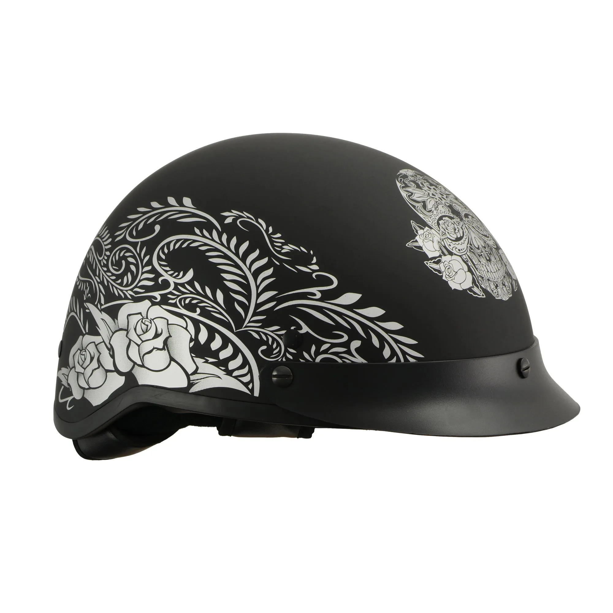 MPH DOT Helmet w/ Drop Sun Visor Sugar Skull & Rose Matt Black