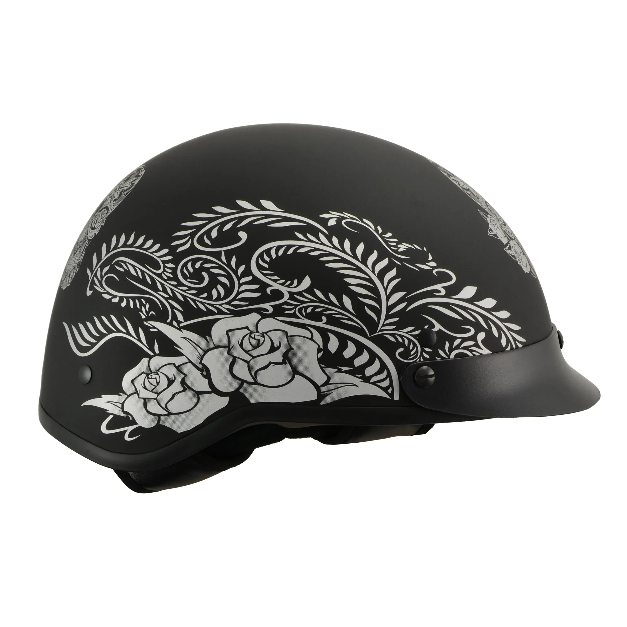 MPH DOT Helmet w/ Drop Sun Visor Sugar Skull & Rose Matt Black