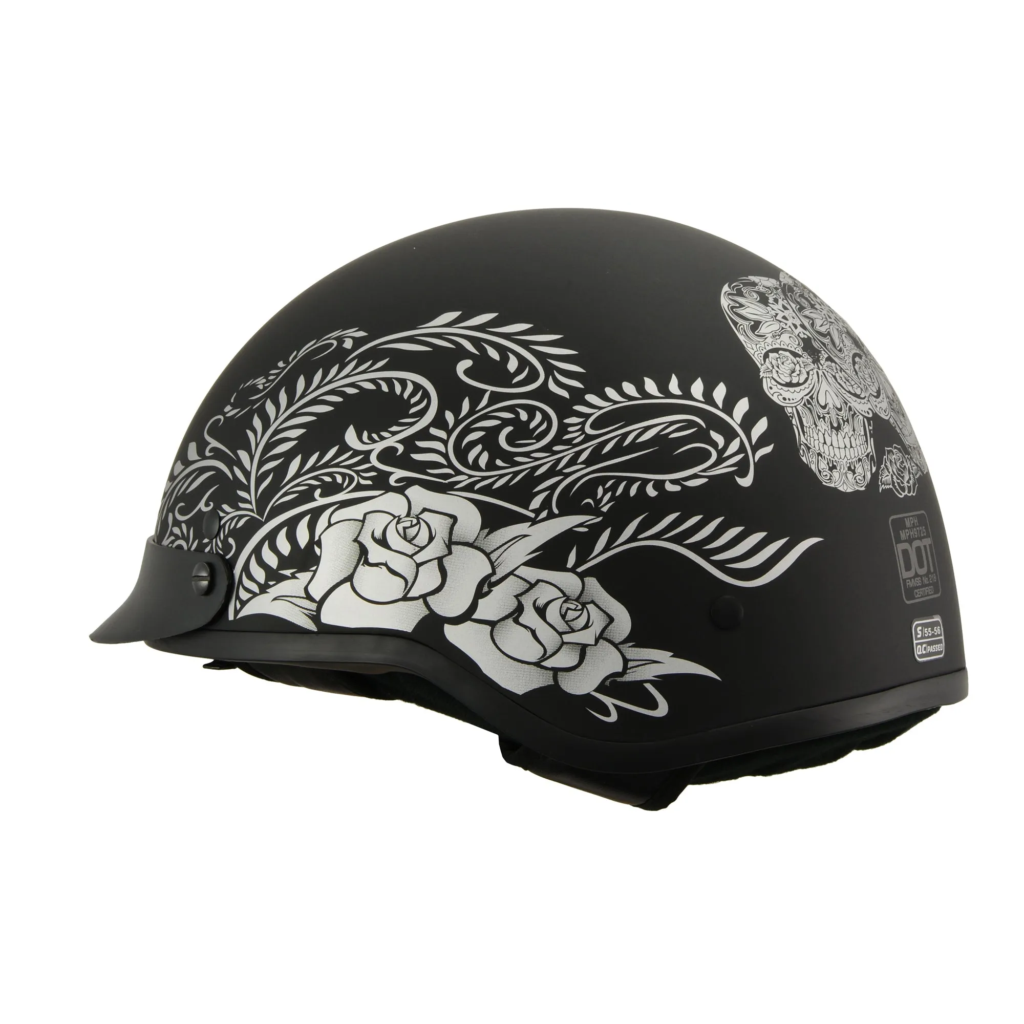 MPH DOT Helmet w/ Drop Sun Visor Sugar Skull & Rose Matt Black