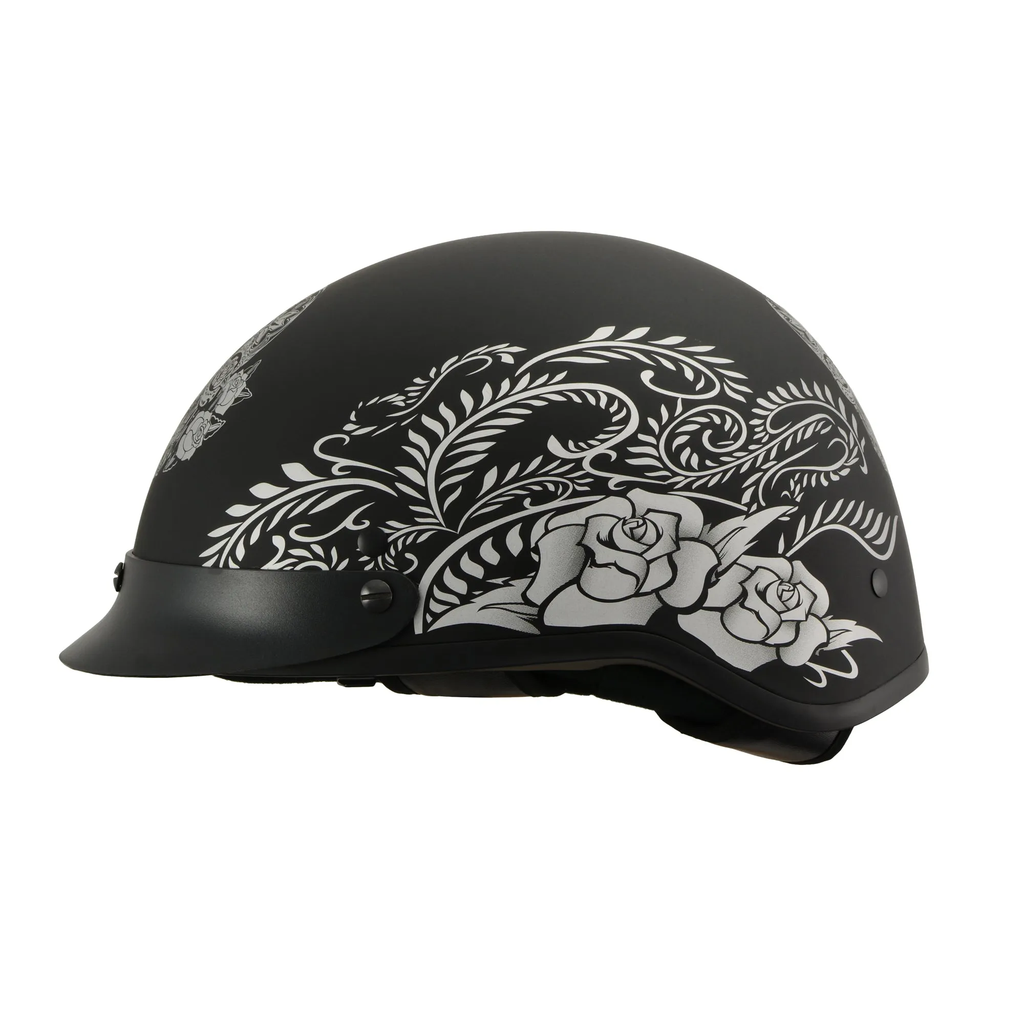 MPH DOT Helmet w/ Drop Sun Visor Sugar Skull & Rose Matt Black