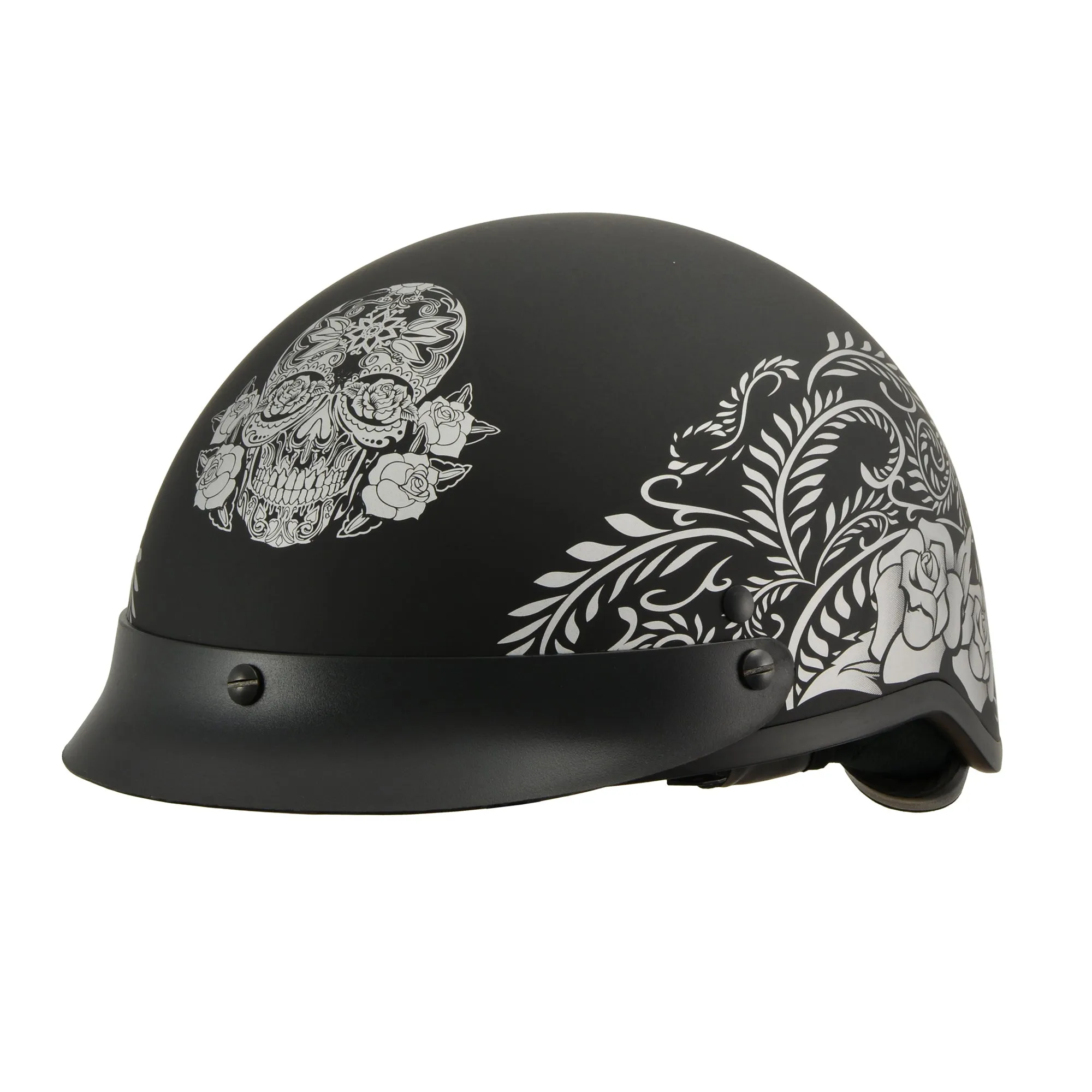 MPH DOT Helmet w/ Drop Sun Visor Sugar Skull & Rose Matt Black