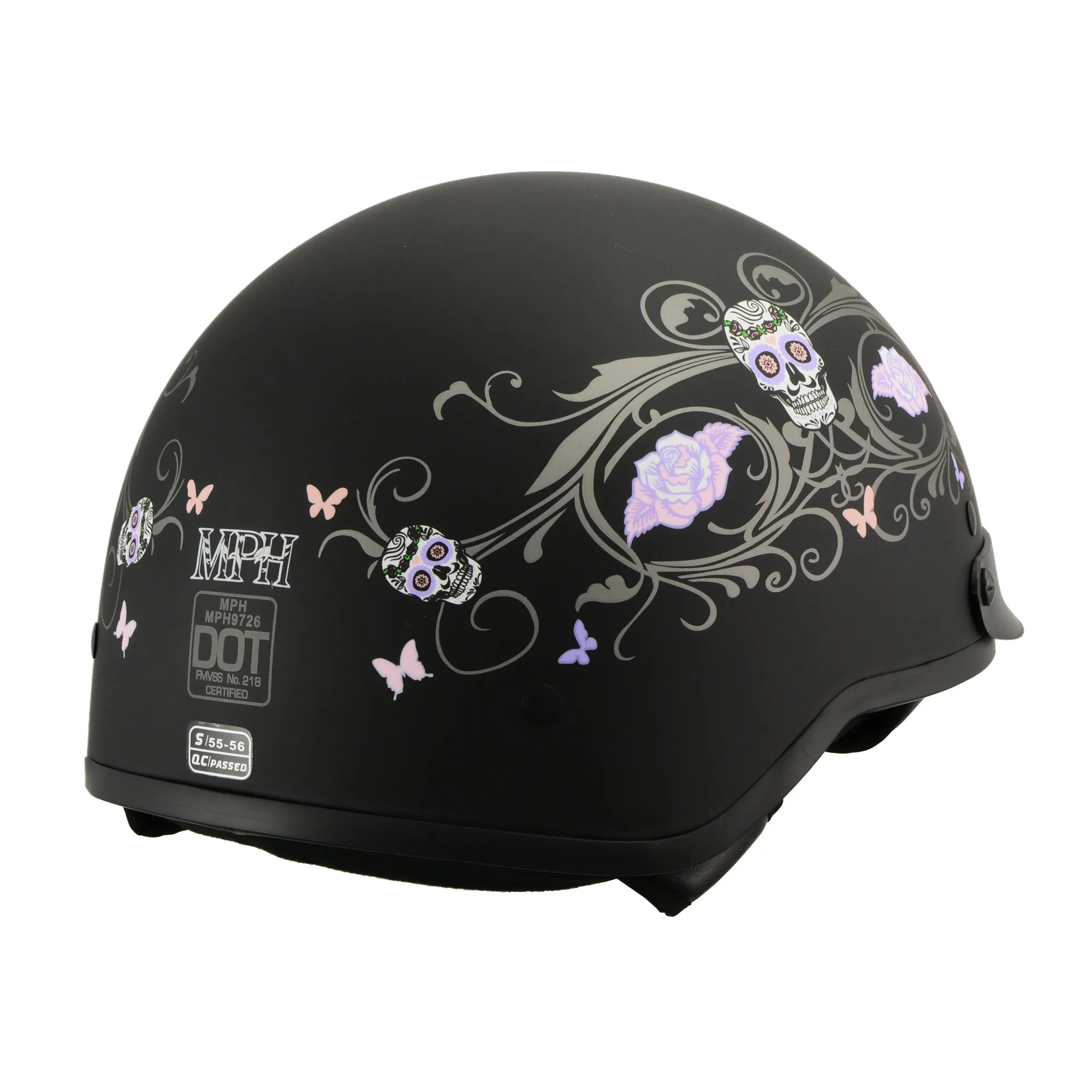 MPH DOT Helmet w/ Drop Sun Visor Sugar Skull Graphic Shiny Black