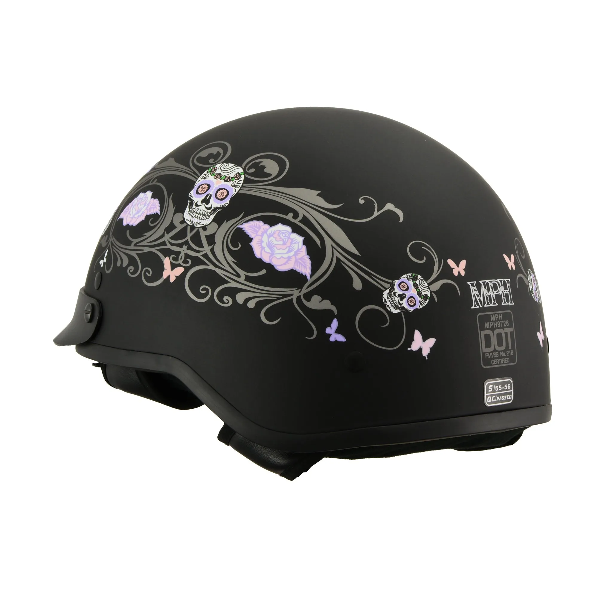 MPH DOT Helmet w/ Drop Sun Visor Sugar Skull Graphic Shiny Black