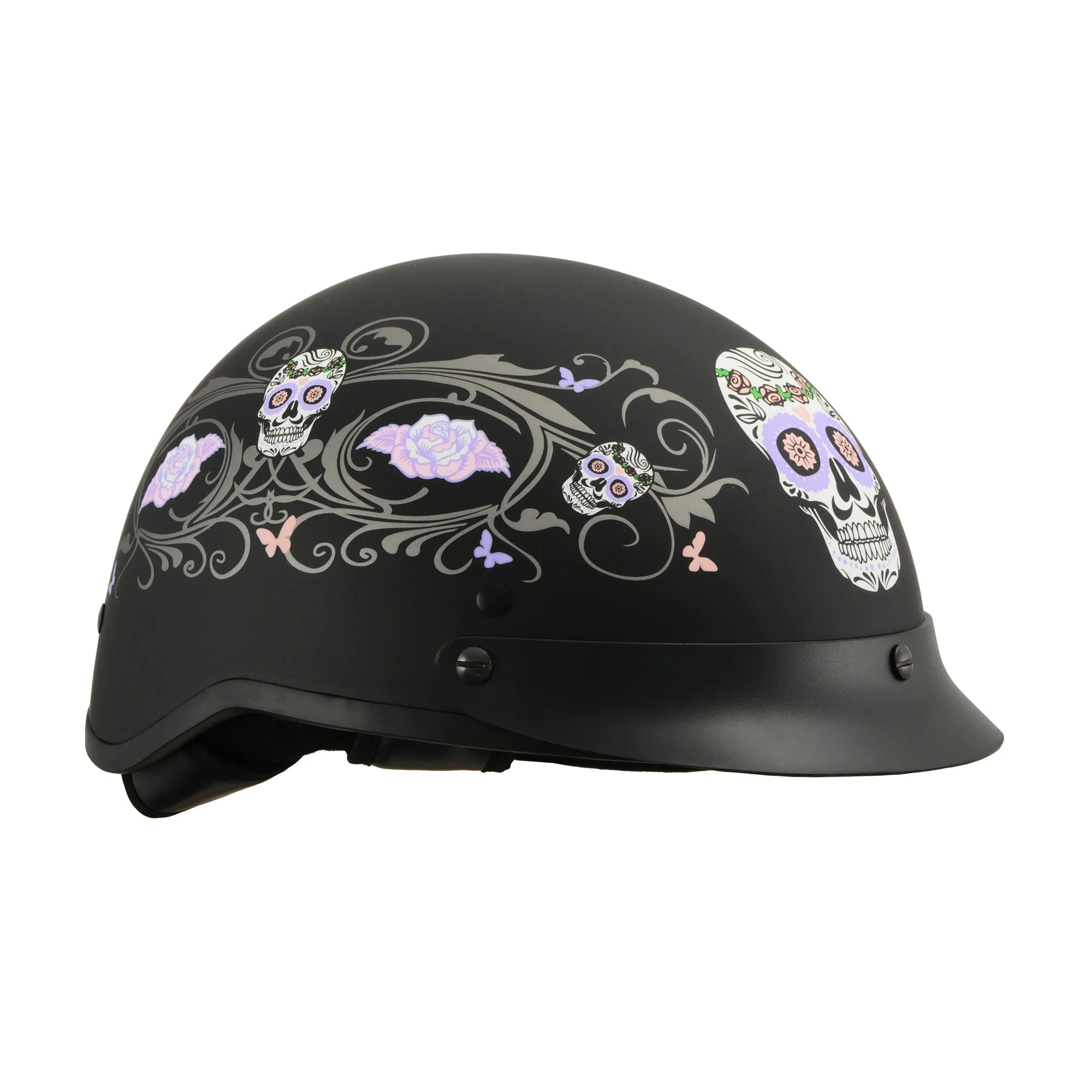 MPH DOT Helmet w/ Drop Sun Visor Sugar Skull Graphic Shiny Black