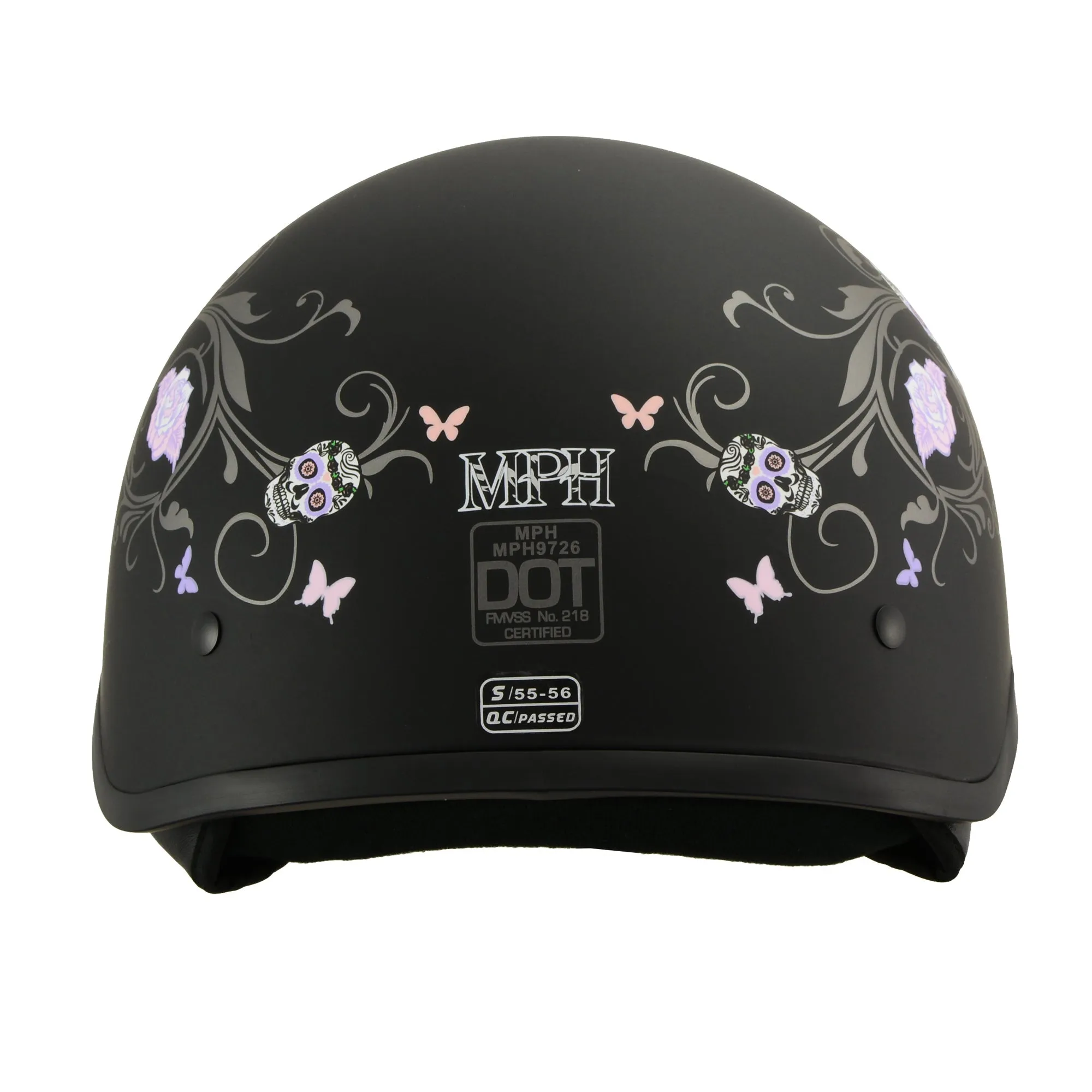 MPH DOT Helmet w/ Drop Sun Visor Sugar Skull Graphic Shiny Black