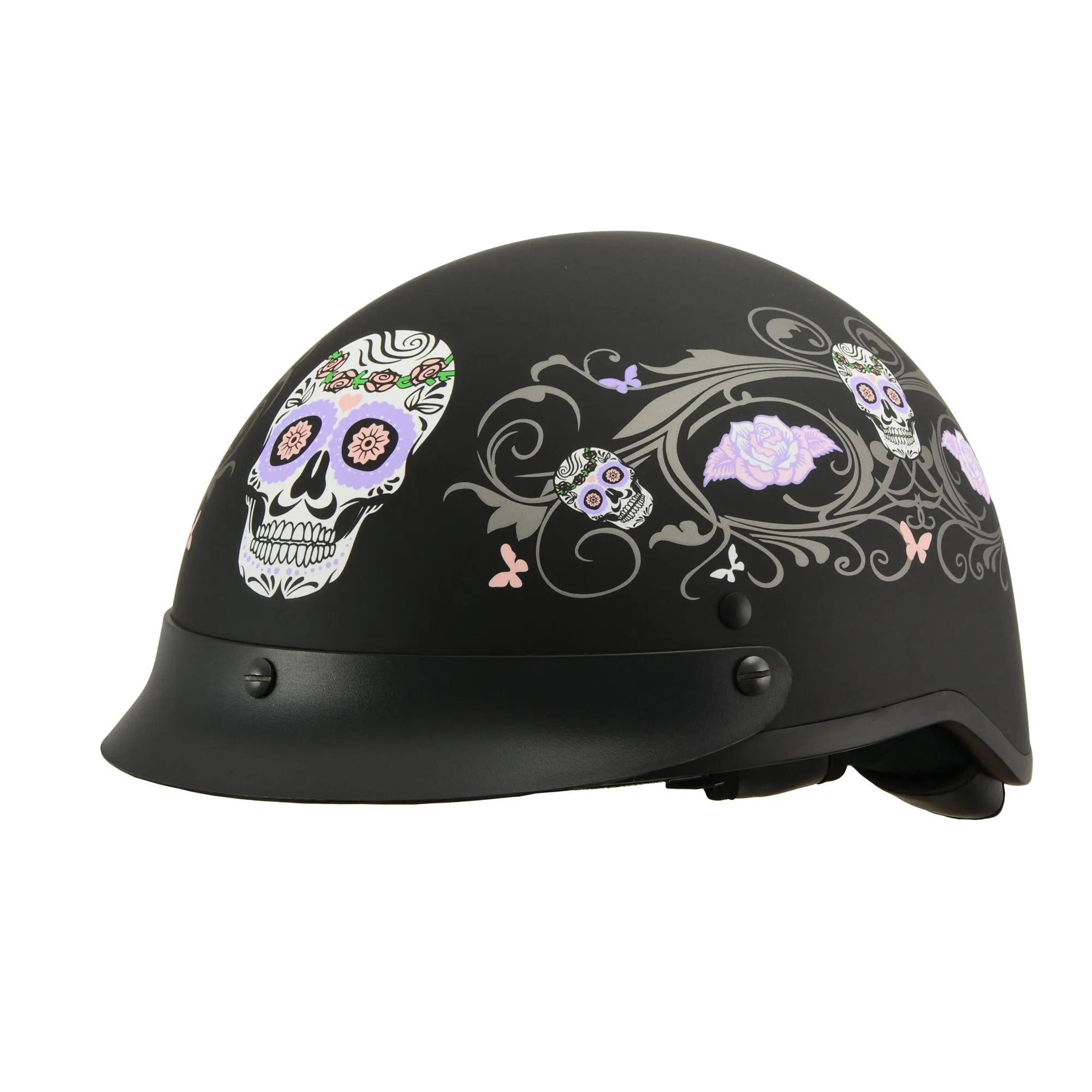 MPH DOT Helmet w/ Drop Sun Visor Sugar Skull Graphic Shiny Black