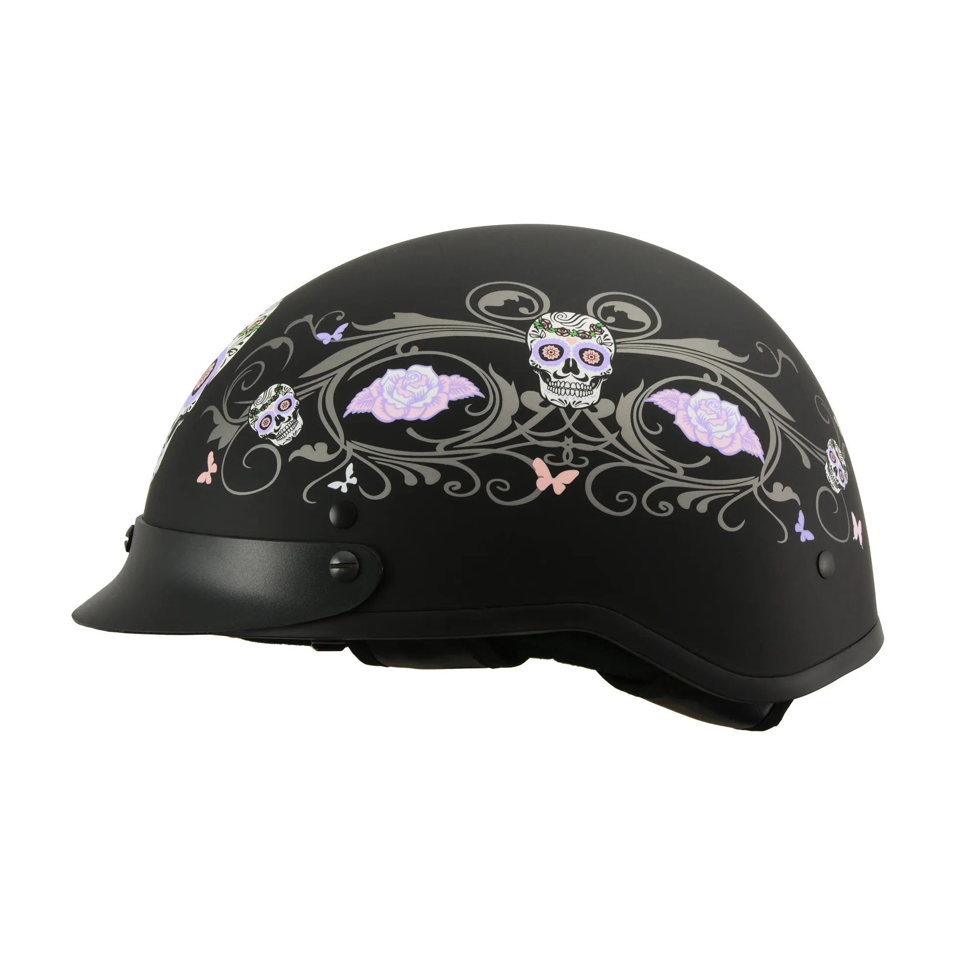 MPH DOT Helmet w/ Drop Sun Visor Sugar Skull Graphic Shiny Black